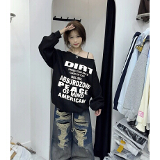 斜领曼巴棉300克 后包领彩色内外同色印花长袖宽松套头卫衣女