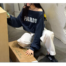 批发仿棉华棉复合牛奶丝310克）<b class='q'>潮牌</b>辣妹风一字肩字母印花长袖<b class='q'>卫衣</b>女