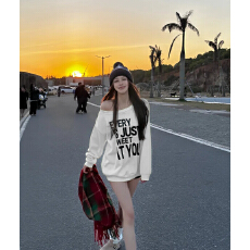 批发斜领】曼巴棉300克 后包领彩色内外同色印花长袖宽松套头卫衣女