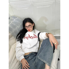 批发曼巴棉300克圆领（后包领）CVC罗口 短款收腰圆领印花卫衣女