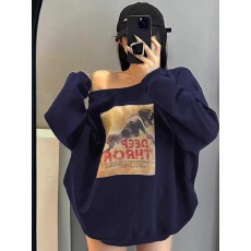 批发斜领】曼巴棉300克 后包领彩色内外同色印花长袖宽松套头卫衣女