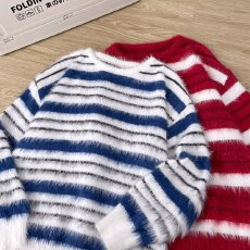 批发帛跃蓝白条纹连帽<b class='q'>毛衣</b>撞色慵懒风毛茸茸盐系百搭针织衫<b class='q'>男</b>女