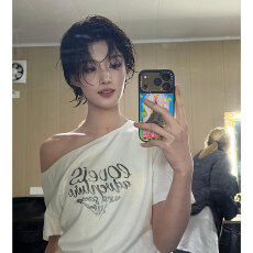 批发冰瓷棉32支原版纯棉拉架200克95棉5氨纶超爽滑斜<b class='q'>露肩</b>短袖T恤女