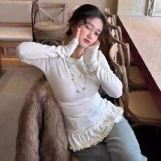 批发欢迎<b class='q'>外贸</b>公司合作，法式芭蕾风花边打底衫女修身内搭长袖t恤上衣