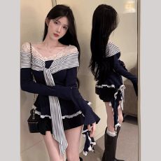 批发欢迎<b class='q'>外贸</b>公司合作，纯欲风蕾丝条纹拼接假两件上衣优质版型