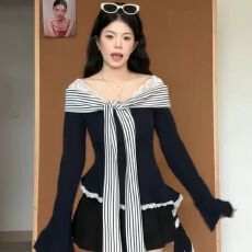 批发欢迎<b class='q'>外贸</b>公司合作，纯欲风蕾丝条纹拼接假两件上衣优质版型