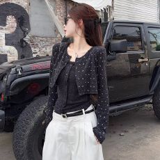 批发欢迎外贸公司合作，小碎花短款<b class='q'>长袖</b>开衫套装女冬季背心吊带<b class='q'>两件套</b>