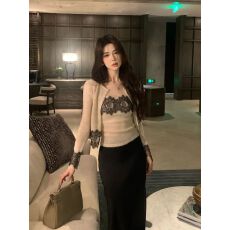 批发欢迎<b class='q'>外贸</b>公司合作，蕾丝拼接针织<b class='q'>开衫</b>配吊带两件套女长袖上衣