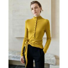 欢迎外贸公司合作，半高领堆褶绑带正肩长袖T恤设计感针织打底衫