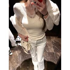 批发欢迎外贸公司合作，蕾丝<b class='q'>加绒</b>T恤女v领紧身长袖内搭<b class='q'>打底衫</b>白色上衣