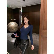 欢迎外贸公司合作，修身蕾丝边长袖T恤女冬季气质性感打底上衣