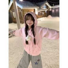 批发欢迎<b class='q'>外贸</b>公司合作，星星挂件连帽长袖外套印花卫衣宽松<b class='q'>开衫</b>