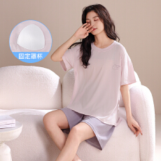 批发夏季<b class='q'>睡衣</b>女<b class='q'>莫代尔</b>凉感薄款短袖短裤纯色简约带胸垫可外穿家居服