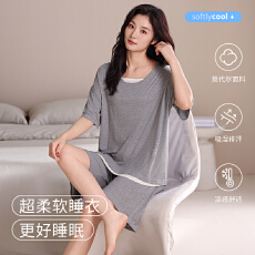 批发夏季新款<b class='q'>睡衣</b>女士短袖短裤带胸垫简约风宽松大码时尚可外穿套装