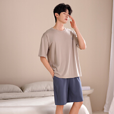 批发新款<b class='q'>男士</b>睡衣宽松休闲大码纯色简约<b class='q'>短袖</b>短裤莫代尔时尚家居服套装