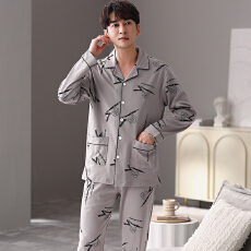 批发秋季新款男士睡衣长袖长裤中青年宽松大码开衫翻领印花两件套装