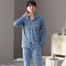 批发秋季新款男士睡衣长袖长裤中青年宽松大码开衫翻领印花两件套装