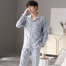 批发秋季新款男士睡衣长袖长裤中青年宽松大码开衫翻领印花两件套装