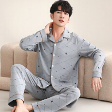 批发秋季新款男士睡衣长袖长裤中青年宽松大码开衫翻领印花两件套装