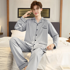 批发秋季新款男士睡衣长袖长裤仿棉加厚宽松开衫翻领<b class='q'>加肥</b><b class='q'>加大</b>码套装
