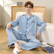 批发秋季新款男士睡衣长袖长裤仿棉加厚宽松开衫翻领<b class='q'>加肥</b><b class='q'>加大</b>码套装