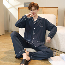 批发秋季新款男士睡衣长袖长裤仿棉加厚宽松开衫翻领<b class='q'>加肥</b><b class='q'>加大</b>码套装