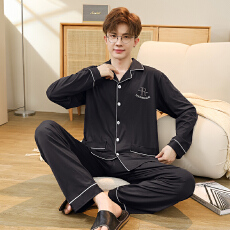 批发秋季新款男士睡衣长袖长裤仿棉加厚宽松开衫翻领<b class='q'>加肥</b><b class='q'>加大</b>码套装