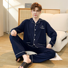 批发秋季新款男士睡衣长袖长裤仿棉加厚宽松开衫翻领<b class='q'>加肥</b><b class='q'>加大</b>码套装