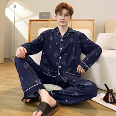 批发秋季新款男士睡衣长袖长裤仿棉加厚宽松开衫翻领<b class='q'>加肥</b><b class='q'>加大</b>码套装