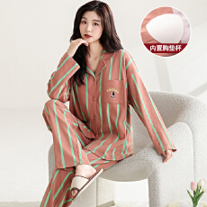 批发卡馨 秋冬季新款纯棉睡衣女开衫翻领宽松大码套装M-3XL