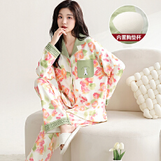 批发卡馨 秋冬季新款纯棉睡衣女开衫翻领宽松大码套装M-3XL