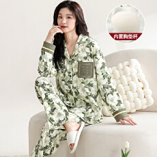 批发卡馨 秋冬季新款纯棉睡衣女开衫翻领宽松大码套装M-3XL