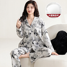 批发卡馨 秋冬季新款纯棉睡衣女开衫翻领宽松大码套装M-3XL