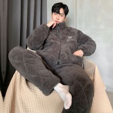 批发卡馨 冬季加厚加绒加棉男士<b class='q'>睡衣</b>开衫拉链款纯色中青年家居服L-3XL