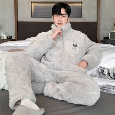 批发卡馨 冬季加厚加绒加棉男士<b class='q'>睡衣</b>开衫拉链款纯色中青年家居服L-3XL