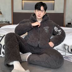 批发卡馨 冬季加厚加绒加棉男士<b class='q'>睡衣</b>开衫拉链款纯色中青年家居服L-3XL