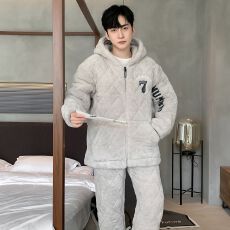 批发卡馨 冬季加厚加绒加棉男士<b class='q'>睡衣</b>开衫拉链款纯色中青年家居服L-3XL