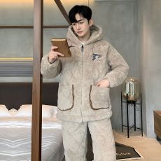 批发卡馨 冬季加厚加绒加棉男士<b class='q'>睡衣</b>开衫拉链款纯色中青年家居服L-3XL