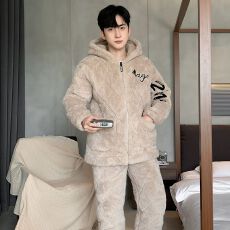 批发卡馨 冬季加厚加绒加棉男士<b class='q'>睡衣</b>开衫拉链款纯色中青年家居服L-3XL