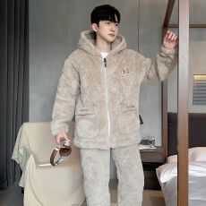 批发卡馨 冬季加厚加绒加棉男士<b class='q'>睡衣</b>开衫拉链款纯色中青年家居服L-3XL