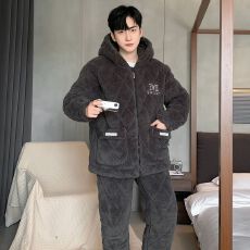 批发卡馨 冬季加厚加绒加棉男士<b class='q'>睡衣</b>开衫拉链款纯色中青年家居服L-3XL