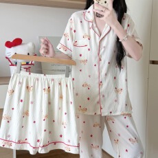 批发卡馨 夏季新款<b class='q'>睡衣</b>女云朵棉<b class='q'>三件套</b>印花卡通时尚直播爆款家居服