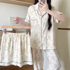 批发卡馨 夏季新款<b class='q'>睡衣</b>女云朵棉<b class='q'>三件套</b>印花卡通时尚直播爆款家居服