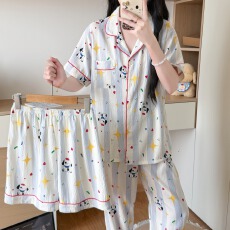 批发卡馨 夏季新款<b class='q'>睡衣</b>女云朵棉<b class='q'>三件套</b>印花卡通时尚直播爆款家居服