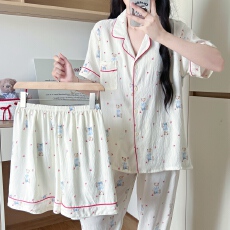 批发卡馨 夏季新款<b class='q'>睡衣</b>女云朵棉<b class='q'>三件套</b>印花卡通时尚直播爆款家居服