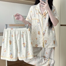 批发卡馨 夏季新款<b class='q'>睡衣</b>女云朵棉<b class='q'>三件套</b>印花卡通时尚直播爆款家居服