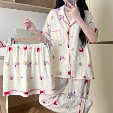 批发卡馨 夏季新款<b class='q'>睡衣</b>女云朵棉<b class='q'>三件套</b>印花卡通时尚直播爆款家居服