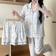 卡馨 夏季新款睡衣女云朵棉三件套印花卡通时尚直播爆款家居服