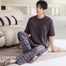 卡馨 睡衣男士夏季短袖长裤60棉40纤维大码款式套头圆领套装L-4XL