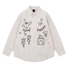 批发【原版做法】涂鸦条纹港风新款宽松长袖<b class='q'>衬衫</b>女<b class='q'>男</b>春学院风<b class='q'>衬衣</b>外套